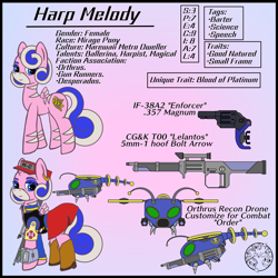 Size: 4000x4000 | Tagged: safe, artist:dice-warwick, imported from derpibooru, oc, oc:harp melody, original species, robot, fallout equestria, clothes, fallout equestria: desperados, gun, handgun, hat, horn, jacket, mirage pony, pipbuck, red dress, red hat, revolver, rifle, small horn, small wings, stripes, vest, weapon, wings