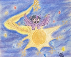 Size: 3745x3003 | Tagged: safe, imported from derpibooru, twilight sparkle, alicorn, pony, atg2022, neuron, newbie artist training grounds, shooting star, solo, space, stars, traditional art, twilight sparkle (alicorn)