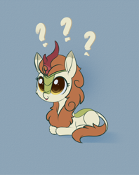 Size: 1778x2247 | Tagged: safe, artist:dusthiel, imported from derpibooru, autumn blaze, kirin, :p, atg 2022, awwtumn blaze, cute, featured image, horn, lying, lying down, newbie artist training grounds, ponyloaf, prone, question mark, solo, tongue out