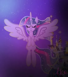 Size: 653x738 | Tagged: safe, artist:petaltwinkle, imported from derpibooru, twilight sparkle, alicorn, pony, ethereal mane, eyes closed, female, flying, horn, mare, solo, spread wings, twilight sparkle (alicorn), wings