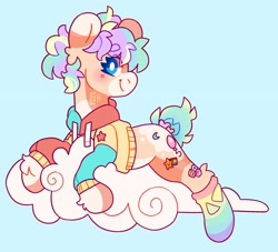 Size: 2500x2271 | Tagged: safe, artist:cocopudu, imported from derpibooru, oc, oc only, earth pony, clothes, cloud, coat markings, dappled, hoodie, looking at you, lying down, lying on a cloud, on a cloud, smiling, socks, solo