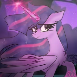 Size: 512x512 | Tagged: safe, artist:petaltwinkle, imported from derpibooru, twilight sparkle, alicorn, pony, chest fluff, eye clipping through hair, female, glowing, glowing horn, horn, magic, magic aura, mare, solo, twilight sparkle (alicorn), wings