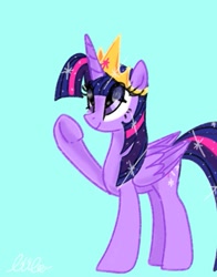 Size: 401x512 | Tagged: safe, artist:petaltwinkle, imported from derpibooru, twilight sparkle, alicorn, pony, blue background, eye clipping through hair, female, folded wings, horn, jewelry, mare, raised hoof, regalia, simple background, solo, twilight sparkle (alicorn), underhoof, wings