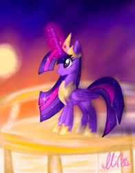 Size: 401x512 | Tagged: safe, artist:petaltwinkle, imported from derpibooru, twilight sparkle, alicorn, pony, the last problem, female, folded wings, glowing, glowing horn, horn, jewelry, magic, magic aura, mare, older, older twilight, princess twilight 2.0, regalia, solo, twilight sparkle (alicorn), wings