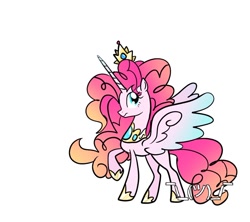 Size: 1102x979 | Tagged: safe, artist:petaltwinkle, imported from derpibooru, pinkie pie, alicorn, pony, alicornified, female, horn, jewelry, mare, pinkiecorn, princess pinkie pie, race swap, raised hoof, regalia, simple background, solo, spread wings, white background, wings, xk-class end-of-the-world scenario