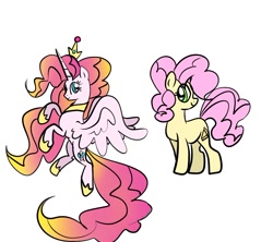 Size: 1102x979 | Tagged: safe, artist:petaltwinkle, imported from derpibooru, li'l cheese, pinkie pie, alicorn, earth pony, pony, the last problem, alicornified, duo, duo female, eye clipping through hair, female, horn, jewelry, mare, pinkiecorn, princess pinkie pie, race swap, regalia, simple background, spread wings, white background, wings, xk-class end-of-the-world scenario