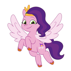 Size: 3000x3000 | Tagged: safe, artist:tokkii, edit, imported from derpibooru, pipp petals, pegasus, pony, crown, female, flying, g5, jewelry, looking at you, mare, my little pony: tell your tale, png, regalia, simple background, smiling, solo, spread wings, tiara, transparent background, vector, wings
