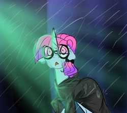 Size: 1102x979 | Tagged: safe, artist:petaltwinkle, imported from derpibooru, oc, oc only, pony, unicorn, clothes, eye clipping through hair, female, glasses, horn, mare, open mouth, rain, solo, wet