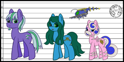 Size: 4000x2000 | Tagged: safe, artist:dice-warwick, imported from derpibooru, oc, oc:harp melody, oc:slowtrot, oc:star charter, earth pony, pony, robot, fallout equestria, fallout equestria: desperados, female, male, mare, mirage pony, size chart, size comparison, stallion