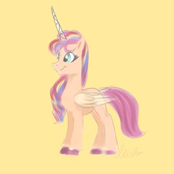 Size: 1024x1024 | Tagged: safe, artist:petaltwinkle, imported from derpibooru, sunny starscout, alicorn, earth pony, pony, alicornified, artificial horn, artificial wings, augmented, female, folded wings, g5, horn, magic, magic horn, magic wings, mare, my little pony: a new generation, race swap, simple background, solo, sunnycorn, wings, yellow background