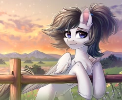 Size: 3050x2500 | Tagged: safe, artist:hakaina, imported from derpibooru, oc, oc only, pegasus, pony, fence, mountain, ponytail, scenery, solo, sunset