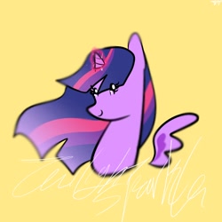 Size: 1280x1280 | Tagged: safe, artist:petaltwinkle, imported from derpibooru, twilight sparkle, alicorn, pony, bust, female, glowing, glowing horn, horn, magic, magic aura, mare, portrait, simple background, solo, twilight sparkle (alicorn), wings, yellow eyes