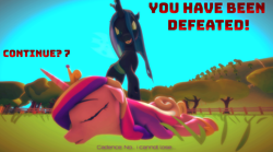 Size: 1920x1067 | Tagged: safe, artist:defeatedgirls, imported from derpibooru, princess cadance, queen chrysalis, alicorn, changeling, pony, 3d, continue screen, defeated, dialogue, evil grin, female, field, grin, mare, ryona, smiling, source filmmaker, trampling, triumphant, unconscious, video game, worried