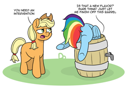 Size: 2503x1724 | Tagged: safe, artist:doodledonutart, imported from derpibooru, applejack, rainbow dash, earth pony, pegasus, pony, alcoholism, applejack is not amused, barrel, butt, cider dash, comic, dashaholic, drunk, female, go home you're drunk, hat, mare, missing cutie mark, newbie artist training grounds, plot, rainbutt dash, simple background, that pony sure does love cider, unamused, underhoof, white background, wings