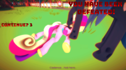 Size: 1920x1077 | Tagged: safe, artist:defeatedgirls, imported from derpibooru, princess cadance, queen chrysalis, alicorn, changeling, pony, 3d, butt, continue screen, defeated, dialogue, evil grin, female, field, flank, grin, mare, plot, ryona, smiling, source filmmaker, trampling, triumphant, unconscious, video game, worried