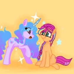 Size: 1280x1280 | Tagged: safe, artist:petaltwinkle, imported from derpibooru, izzy moonbow, sunny starscout, earth pony, pony, unicorn, duo, duo female, eye clipping through hair, female, g5, horn, looking at each other, looking at someone, mare, open mouth, open smile, orange background, raised hoof, simple background, sitting, smiling, smiling at each other, sparkles, stars, yellow eyes