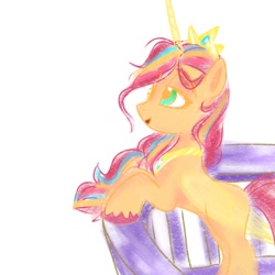 Size: 1280x1280 | Tagged: safe, artist:petaltwinkle, imported from derpibooru, sunny starscout, alicorn, earth pony, pony, alicornified, artificial horn, artificial wings, augmented, female, g5, horn, jewelry, magic, magic aura, magic horn, magic wings, mare, race swap, regalia, simple background, solo, white background, wings