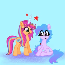 Size: 1280x1280 | Tagged: safe, artist:petaltwinkle, imported from derpibooru, izzy moonbow, sunny starscout, earth pony, pony, unicorn, alternate hairstyle, blue background, duo, duo female, eye clipping through hair, female, g5, hairband, horn, looking at someone, mane swap, mare, multicolored hair, open mouth, palette swap, race swap, rainbow hair, recolor, simple background, sitting, stars