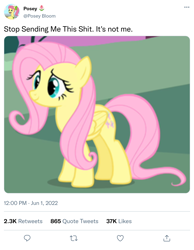 Size: 1192x1536 | Tagged: safe, imported from derpibooru, fluttershy, earth pony, pegasus, pony, spoiler:g5, spoiler:my little pony: tell your tale, female, flower, g4, g5, mare, meme, meta, my little pony: tell your tale, posey bloom, solo, text, tulip, twitter, vulgar