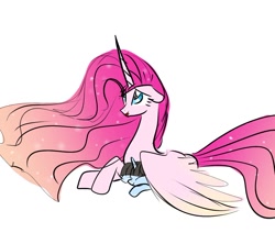 Size: 1102x979 | Tagged: safe, artist:petaltwinkle, imported from derpibooru, pinkie pie, oc, alicorn, pony, alicornified, duo, duo female, ethereal mane, eye clipping through hair, eyes closed, female, horn, lying down, mare, pinkiecorn, princess pinkie pie, prone, race swap, simple background, white background, wings, xk-class end-of-the-world scenario