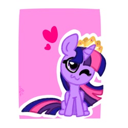 Size: 1280x1280 | Tagged: safe, artist:petaltwinkle, imported from derpibooru, twilight sparkle, alicorn, pony, :3, female, floating, heart, horn, jewelry, mare, one eye closed, outline, partial background, regalia, simple background, sitting, solo, twilight sparkle (alicorn), white background, wink