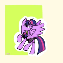 Size: 1280x1280 | Tagged: safe, artist:petaltwinkle, imported from derpibooru, twilight sparkle, alicorn, pony, clothes, female, horn, mare, outline, partial background, simple background, solo, spread wings, tan background, twilight sparkle (alicorn), wings