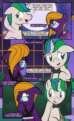 Size: 1920x3168 | Tagged: safe, artist:alexdti, imported from derpibooru, oc, oc only, oc:purple creativity, oc:star logic, pegasus, pony, unicorn, comic:quest for friendship, blushing, bowtie, comic, dialogue, duo, duo male and female, ears back, female, full moon, glasses, high res, horn, looking at someone, looking away, male, mare, moon, night, oc x oc, open mouth, open smile, outdoors, pegasus oc, shipping, smiling, speech bubble, stallion, two toned mane, unicorn oc