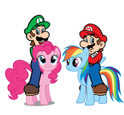 Size: 753x698 | Tagged: safe, artist:dashiesparkle, edit, imported from derpibooru, pinkie pie, rainbow dash, earth pony, human, pegasus, pony, 1000 years in photoshop, crossover, female, g4, humans riding ponies, luigi, luigipie, male, mare, maridash, mario, mariodash, riding, simple background, super mario bros., white background