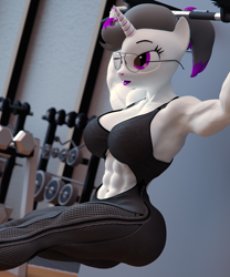 Size: 3000x3600 | Tagged: safe, artist:dashie116, imported from derpibooru, oc, oc only, oc:hazel radiate, anthro, unicorn, 3d, abs, anthro oc, belly button, biceps, breasts, clothes, commission, commissioner:biohazard, exercise, eyebrows, eyelashes, female, fetish, glasses, gym, high res, highlights, horn, mare, midriff, muscle fetish, muscles, ponytail, purple eyes, solo, sports bra, toned, toned female, triceps, unicorn oc, ych result