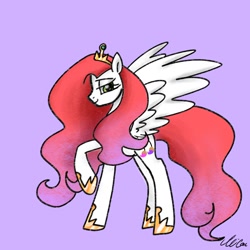 Size: 1280x1280 | Tagged: safe, artist:petaltwinkle, imported from derpibooru, oc, oc only, pegasus, pony, female, jewelry, mare, profile, purple background, raised hoof, regalia, simple background, solo, spread wings, wings