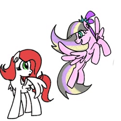 Size: 1280x1280 | Tagged: safe, artist:petaltwinkle, imported from derpibooru, oc, oc only, pegasus, pony, duo, duo female, eye clipping through hair, female, flying, looking at each other, looking at someone, mare, open mouth, partially open wings, simple background, spread wings, white background, wings