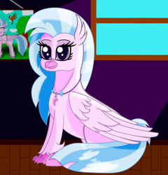 Size: 2500x2600 | Tagged: safe, artist:profyurko, imported from derpibooru, silverstream, classical hippogriff, hippogriff, cute, diastreamies, female, jewelry, necklace, painting, solo, window