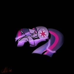 Size: 1280x1280 | Tagged: safe, artist:petaltwinkle, imported from derpibooru, twilight sparkle, pony, unicorn, black background, discorded, discorded twilight, female, horn, lying down, mare, prone, sad, simple background, solo, unicorn twilight