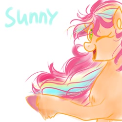 Size: 1280x1280 | Tagged: safe, artist:petaltwinkle, imported from derpibooru, sunny starscout, earth pony, pony, eye clipping through hair, female, g5, looking at you, mare, one eye closed, open mouth, simple background, solo, white background, wink, winking at you