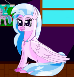 Size: 2500x2600 | Tagged: safe, alternate version, artist:profyurko, derpibooru exclusive, imported from derpibooru, silverstream, classical hippogriff, hippogriff, cute, diastreamies, female, jewelry, necklace, painting, tongue out, window