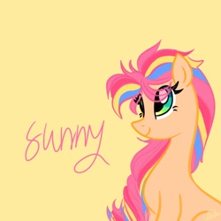 Size: 1280x1280 | Tagged: safe, artist:petaltwinkle, imported from derpibooru, sunny starscout, earth pony, pony, eye clipping through hair, female, g5, mare, simple background, sitting, solo, tan background