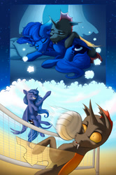 Size: 1920x2890 | Tagged: safe, artist:klarapl, imported from derpibooru, princess luna, oc, oc:phasmatodea, alicorn, changeling, pony, fanfic:changing expectations, bed, canon x oc, curtains, dream, grin, head shot, pillow, sleeping, smiling, sports, throwing, volleyball, volleyball net, yellow changeling