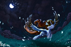 Size: 3300x2200 | Tagged: safe, artist:teaflower300, imported from derpibooru, oc, oc only, alicorn, pony, alicorn oc, flower, flying, horn, moon, night, solo, stars, wings