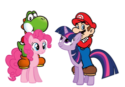 Size: 1000x698 | Tagged: safe, artist:ikillyou121, edit, imported from derpibooru, pinkie pie, twilight sparkle, earth pony, pony, unicorn, yoshi, 1000 years in photoshop, crossover, female, g4, humans riding ponies, male, mare, mario, mariotwi, riding, simple background, super mario bros., white background, yoshi pie