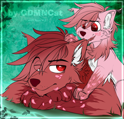 Size: 2592x2480 | Tagged: safe, artist:goddamncat, imported from derpibooru, oc, oc only, oc:akura, oc:nohana, timber wolf, wolf, wolf pony, biting, blossomwolf, blossomwolves, claws, crossed arms, cub, ear bite, ear fluff, father and child, father and son, freckles, gradient hair, gradient mane, hair over one eye, male, parent:oc:akura, paws, petals, raised eyebrow, tree branch, two toned coat, two toned mane, young