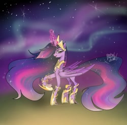 Size: 549x540 | Tagged: safe, artist:petaltwinkle, imported from derpibooru, twilight sparkle, alicorn, pony, the last problem, aurora borealis, crown, ethereal mane, female, hoof shoes, horn, jewelry, lair, magic, magic aura, mare, night, night sky, older, older twilight, peytral, princess twilight 2.0, raised hoof, regalia, sky, solo, twilight sparkle (alicorn), wings