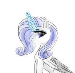 Size: 549x540 | Tagged: safe, artist:petaltwinkle, imported from derpibooru, rarity, alicorn, pony, alicornified, eyeshadow, female, folded wings, horn, looking at you, magic, magic aura, makeup, mare, profile, race swap, raricorn, simple background, sitting, solo, white background, wings