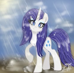 Size: 549x540 | Tagged: safe, artist:petaltwinkle, imported from derpibooru, rarity, pony, unicorn, female, horn, looking at you, mare, rain, raised hoof, solo, wet, wet mane, wet mane rarity