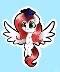 Size: 1714x2048 | Tagged: safe, artist:petaltwinkle, imported from derpibooru, oc, oc only, pegasus, pony, blue background, female, graduation cap, hat, outline, simple background, solo, spread wings, wings