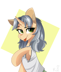 Size: 1700x2000 | Tagged: safe, artist:rinteen, imported from derpibooru, oc, oc only, earth pony, pony, unicorn, :p, abstract background, clothes, eye clipping through hair, eyebrows, eyebrows visible through hair, horn, lidded eyes, looking at you, raised eyebrow, raised leg, shirt, sitting, solo, tongue out, unicorn oc