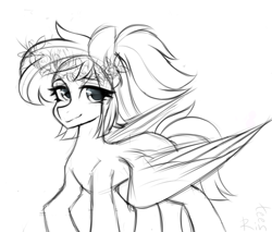 Size: 2000x1700 | Tagged: safe, artist:rinteen, imported from derpibooru, oc, oc only, pegasus, pony, black and white, floral head wreath, flower, grayscale, monochrome, sketch, solo