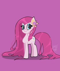 Size: 1714x2048 | Tagged: safe, artist:petaltwinkle, imported from derpibooru, pinkie pie, earth pony, pony, cute, cuteamena, diapinkes, female, flower, flower in hair, looking at you, mare, pinkamena diane pie, purple background, simple background, solo