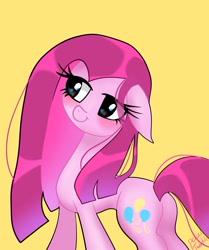 Size: 1714x2048 | Tagged: safe, artist:petaltwinkle, imported from derpibooru, pinkie pie, earth pony, pony, alternate cutie mark, cute, cuteamena, diapinkes, eye clipping through hair, female, mare, pinkamena diane pie, simple background, solo, yellow background