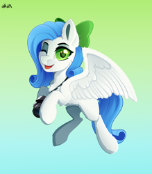 Size: 3500x4000 | Tagged: safe, artist:rainbowfire, imported from derpibooru, oc, oc only, pegasus, pony, bow, camera, chest fluff, cute, ear fluff, female, fluffy, gradient background, green eyes, grin, hair bow, looking at you, one eye closed, open mouth, slim, smiling, solo, spread wings, white, wings