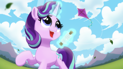 Size: 2560x1440 | Tagged: safe, artist:whitequartztheartist, imported from derpibooru, starlight glimmer, pony, unicorn, cloud, cute, female, glimmerbetes, glowing, glowing horn, grass, grass field, happy, horn, kite, kite flying, leaves, magic, mare, mountain, open mouth, open smile, sky, smiling, solo, that pony sure does love kites